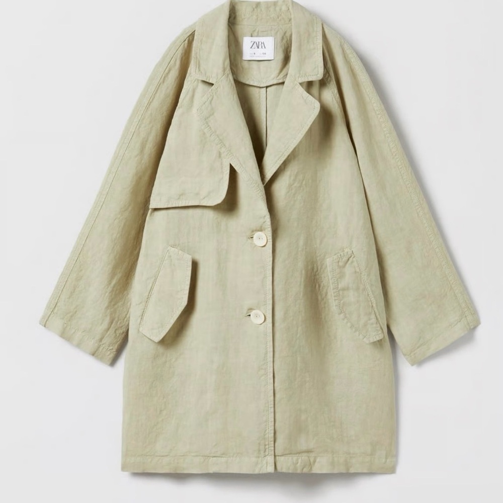 ZARA 100% Linen Kids Girl Trench Coat Light Khaki Sz 13-14/ Women’s S
